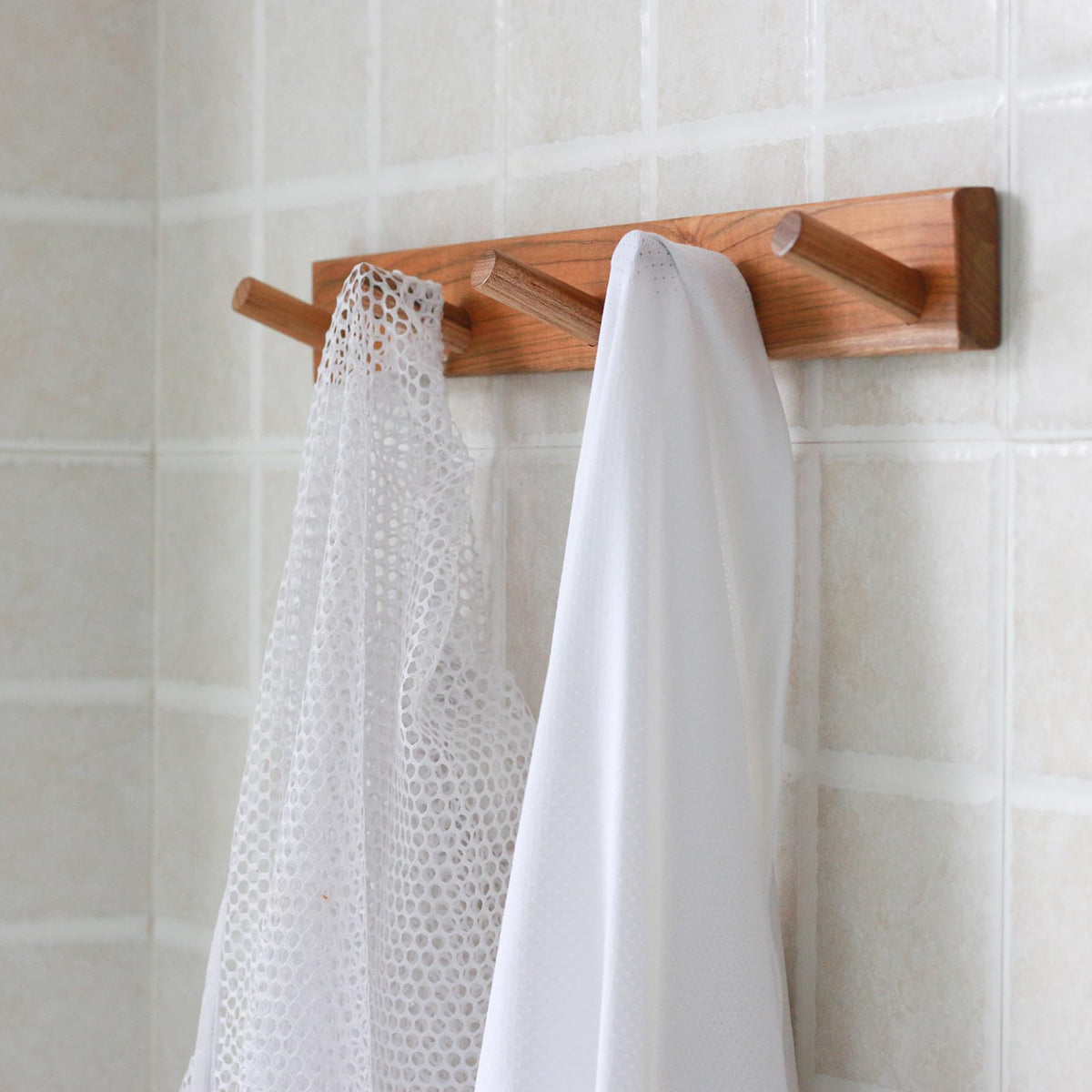Cobnap Natural Teak Wall-Mounted Coat Rack (Set of 2, 16'' Hole to Hole) - Farmhouse Entryway Hooks with 5 Wooden Hooks Each, Rustic for Bathroom, Mudroom 2P