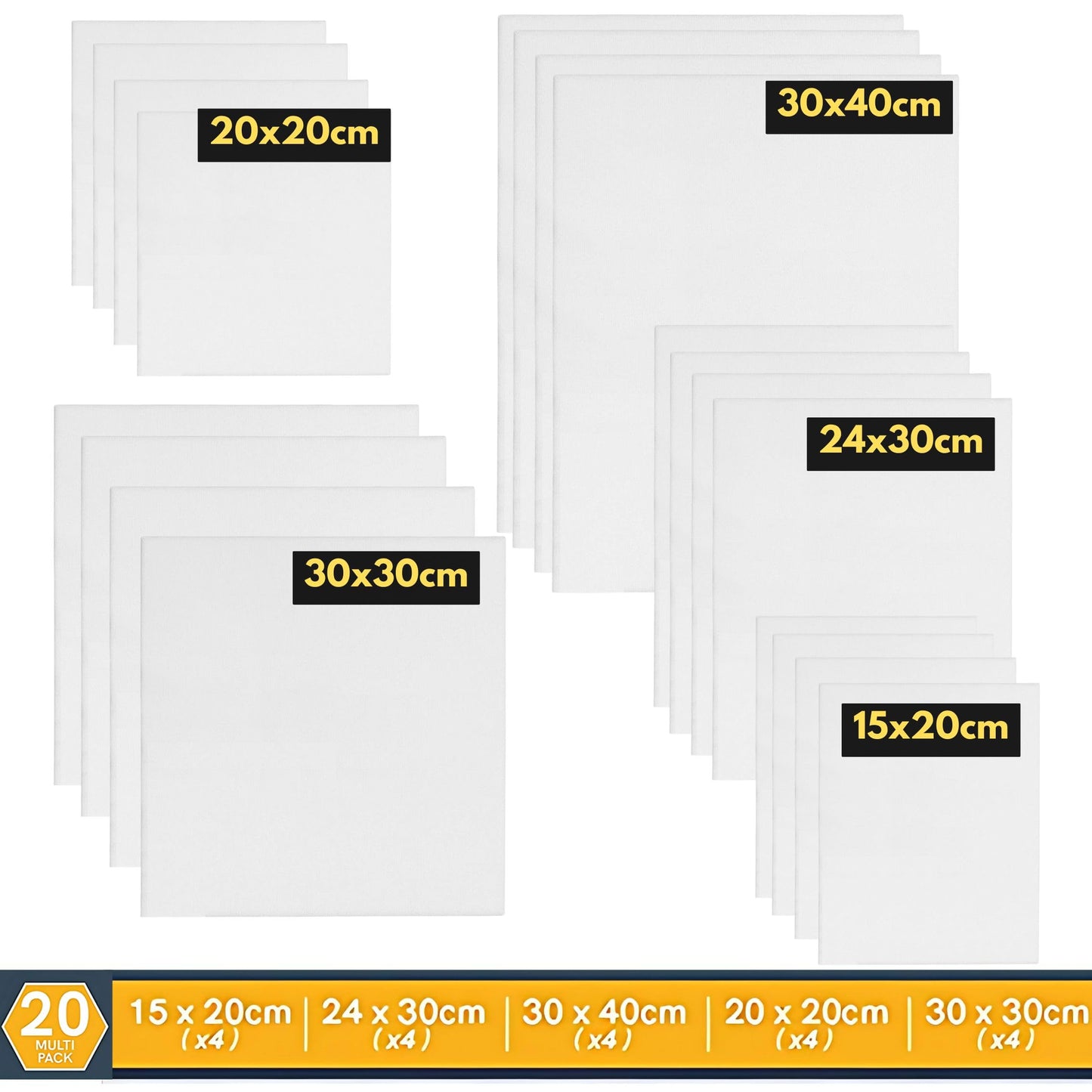 ARTME 20pcs Canvas Panels (15x20-4pk, 24x30-4pk, 30x40-4pk, 20x20-4pk, 30x30-4pk) 3mm Blank Artist Canvas Board / 280GSM/ 100% Cotton/Triple Primed/Acid Free/Medium Grain- Acrylic & Oil Painting