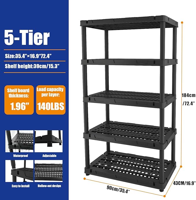 Plastic Storage Shelves, Plastic Heavy Duty Shelves 16.93" D x 35.43" W x 72.44" H,5-Tier Garage Storage Shelving, Shelving Units and Storage