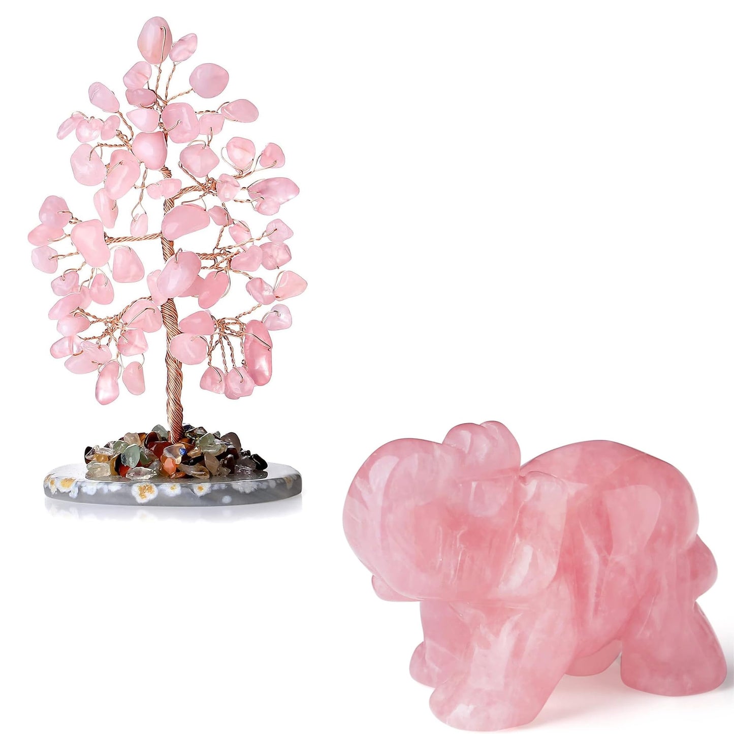 2" Rose Quartz Elephant Decor and Crystal Tree of Life Healing Crystal Cute Polished Natural Stone Hand-Carved Statue Figurines Energy Hippie Home Room Office Desk Decoration Gifts for Women Men