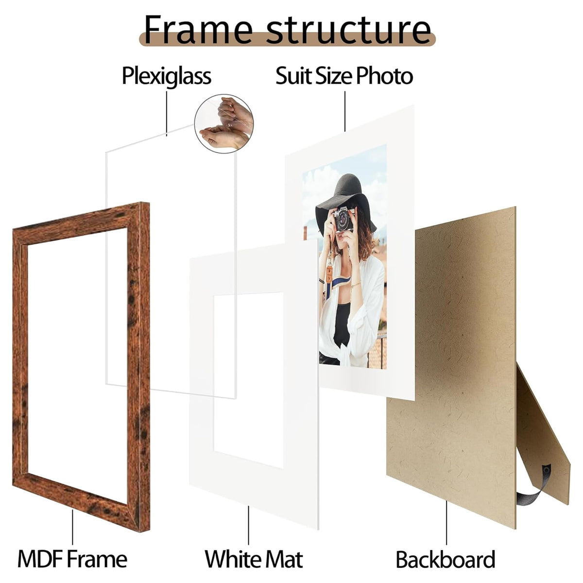Picrit 8.5x11 Picture Frame Set of 12, Display 6x8 with Mat or 8.5 x 11 without Mat, Photo Frames for Wall Mounting or Table Top Display, Brown
