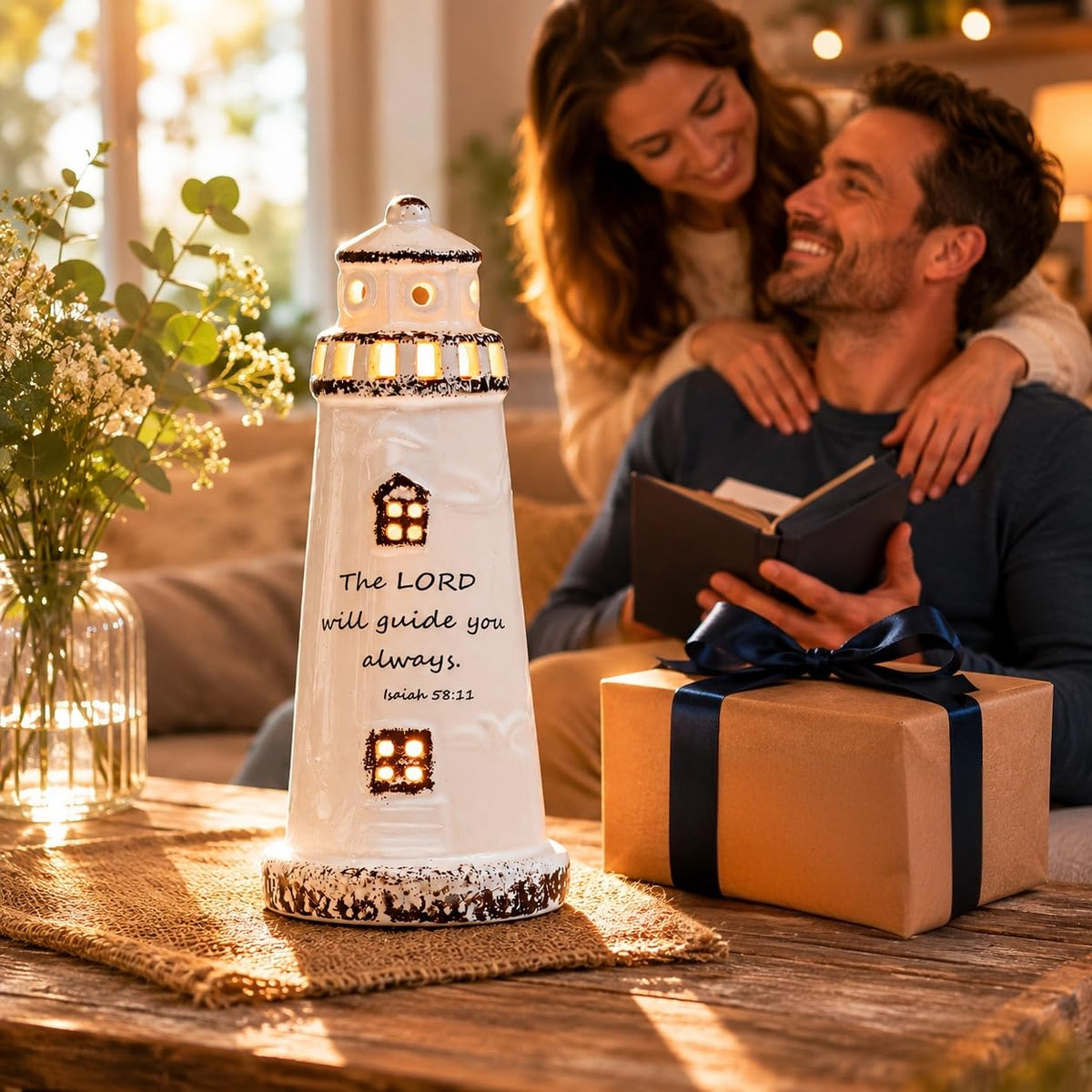 DAILYBREAD hristian Lighthouse Lamp for Men – Ceramic LED Night Light with Scripture Verse, Inspirational Gift for Dad, Husband, Pastor, Christian Home Decor 8" H