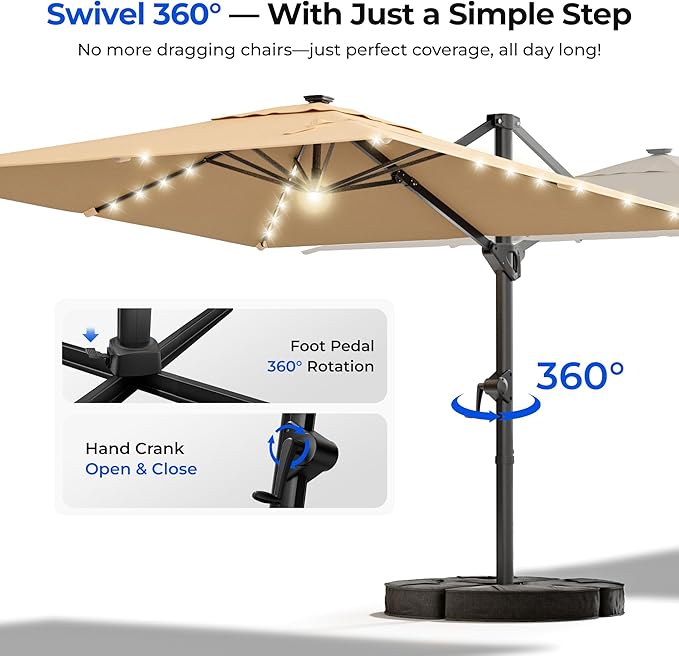 HOMSHADE 10 ft Square Cantilever Patio Umbrella with Base Included, Solar Lights Large Umbrella Outdoor Patio with 360°Rotation&Tilting, LED Lighted Offset Umbrellas w/Stand for Pool Deck