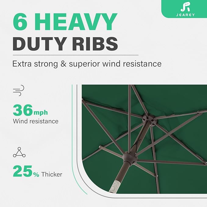 JEAREY 7.5FT Patio Umbrella Outdoor Market Umbrella with 6 Sturdy Ribs, Push Button Tilt/Crank Table Umbrella for Garden, Deck, Backyard and Pool, Dark Green