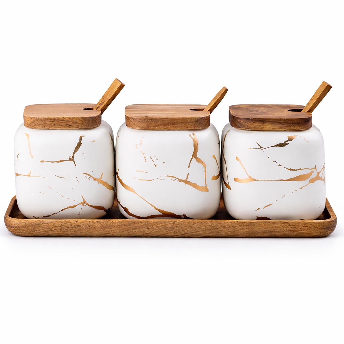 KIDYBELL Ceramic Spice Jars Porcelain Condiment Jars Set Marble Ceramic Seasoning Box 3pcs Condiment Pots for salt, sugar, pepper Kitchen Seasoning Condiment Jar Set