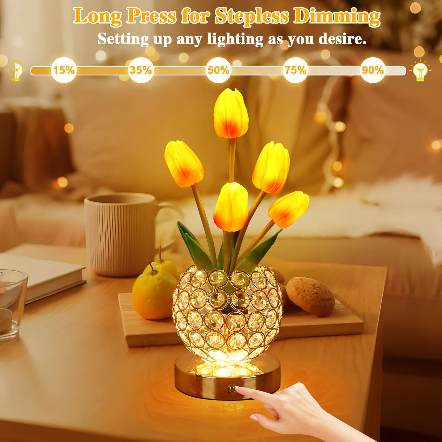 Birthday Gifts for Women Mothers Day Gifts For Mom Table Lamp, 3 Color Crystal Flower Bedside Lamps Infinitely Dimming with USB Charge Small Night Light,Nightstand Touch Lamp for Bedroom (gold-tulip)