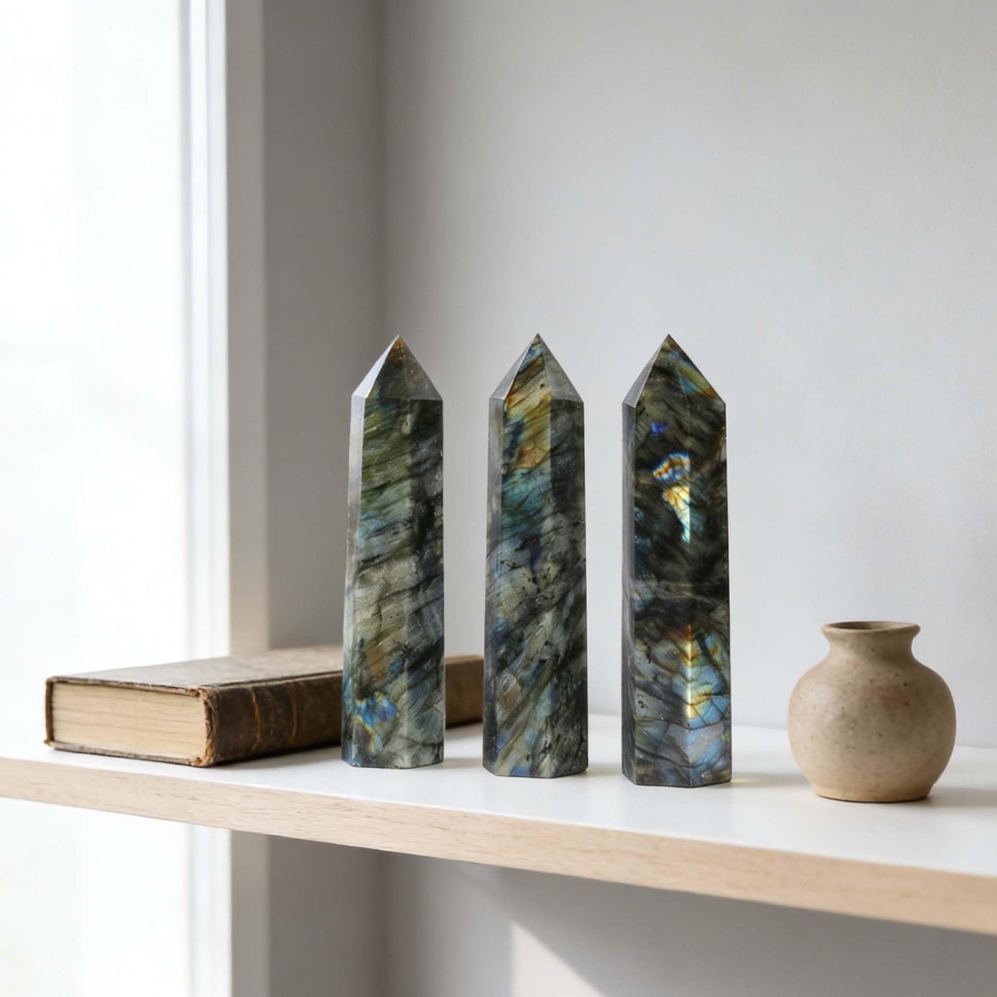 AierCrystal 2pcs Natural Crystal Point Wand Set,Hand-Finely Polished,Meditation Healing Purification,Full-Scenario Decoration Display for Home Office,Holiday Gifting(15cm Big Wand 2pcs Labradorite)