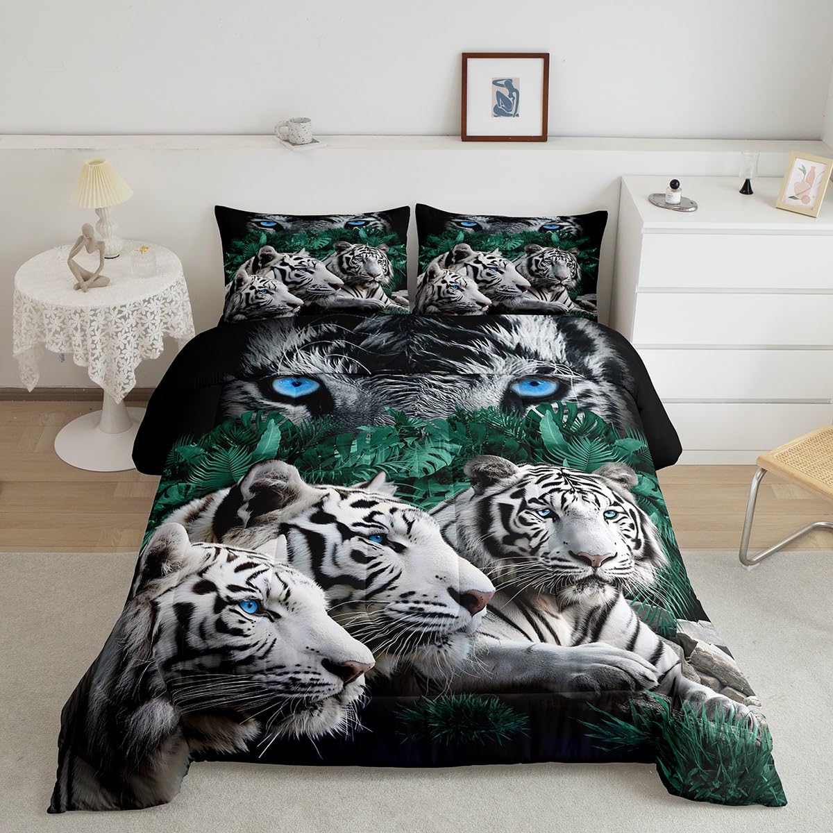 Feelyou Tiger Bedding Set Wild Animal Theme Pattern Comforter Set for Kids Adults Safari Cats Comforter Soft Wildlife White Tiger Decor Quilt Set Twin Size