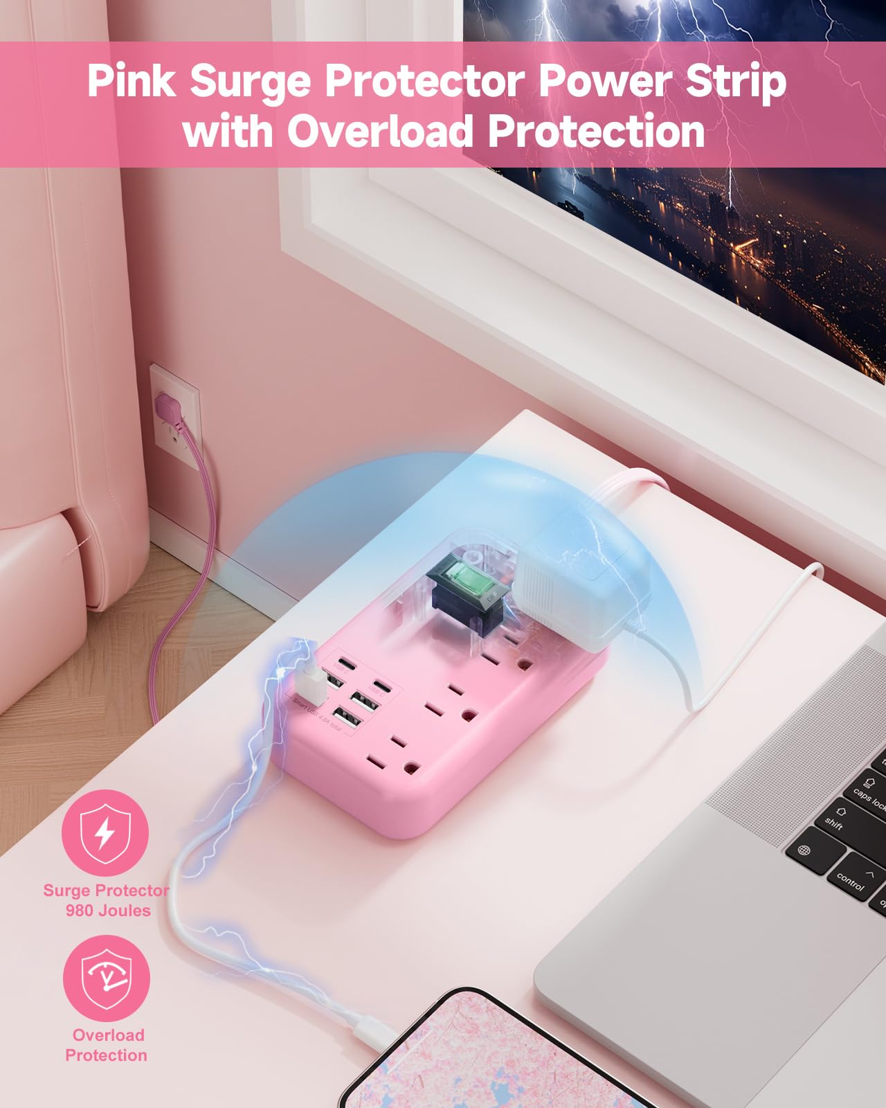 6 USB(2 USB C) Purple Travel Power Strip- 5Ft Lavender Extension Cord with 24W USB Charging Station and 4 Outlets, Purple Desk Accessories with Surge Protector for Cute Kawaii Office Dorm Room
