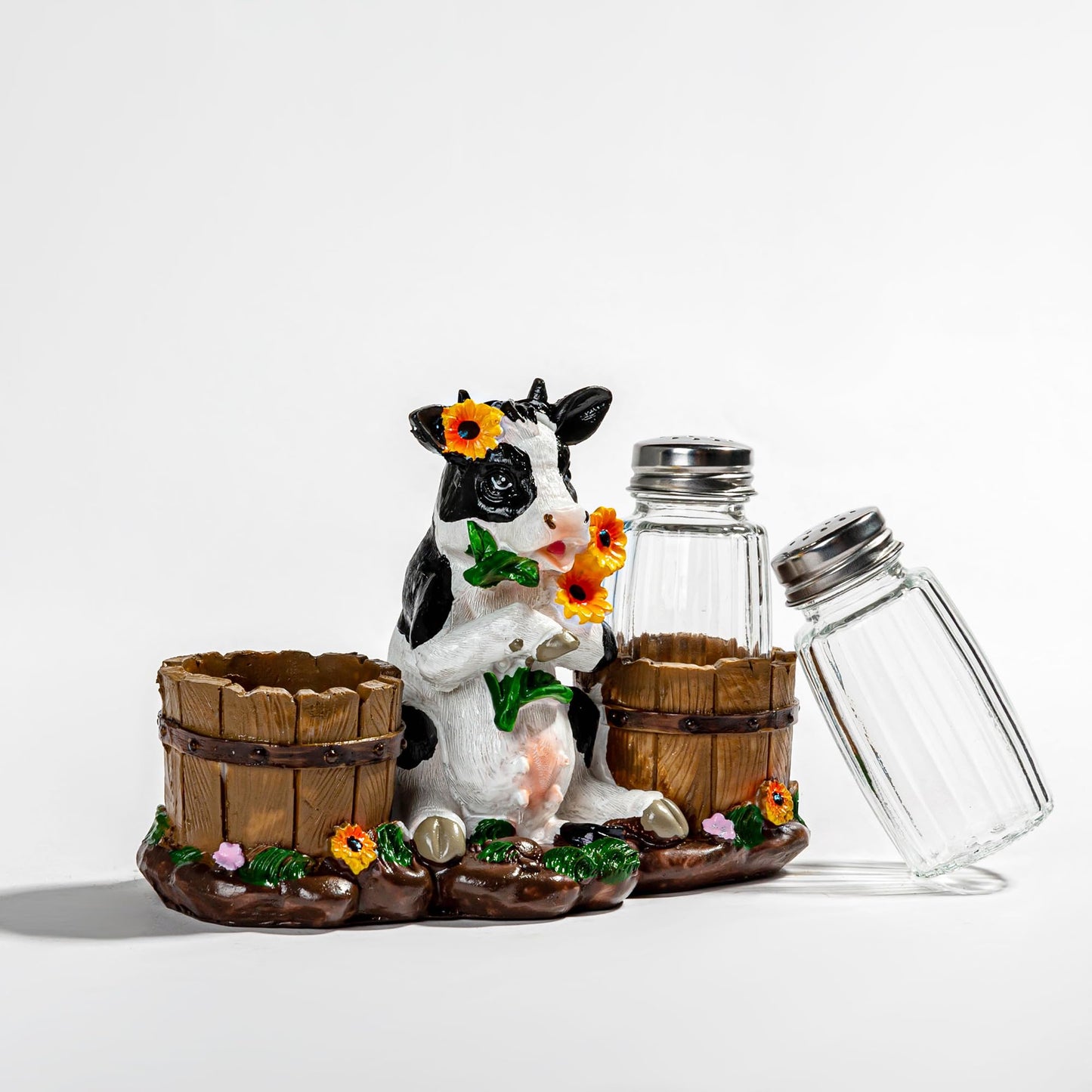 Rustic Farm Cow Salt and Pepper Shaker Holder with Glass Jars