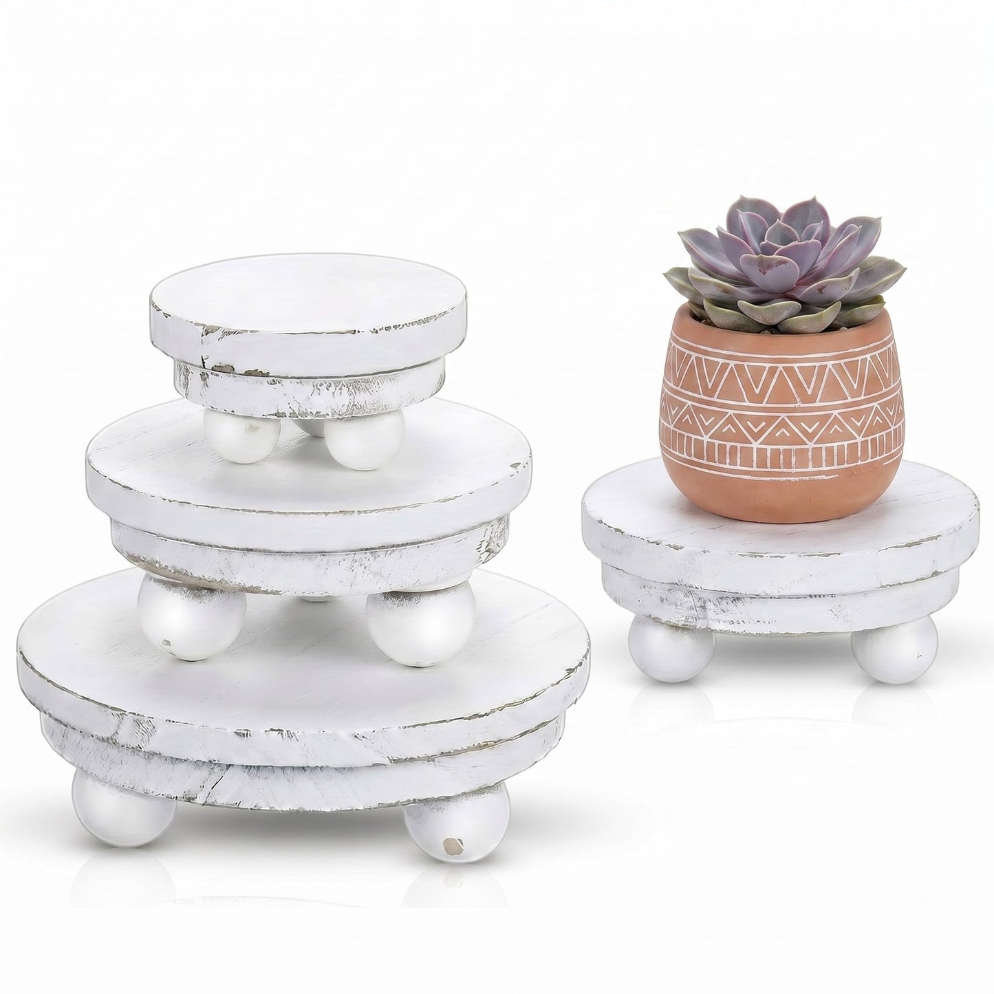 Amyhill 3 Pcs 5/4/3 Inch Mini Wooden Risers for Decor Small Round Pedestal Stand, Washed White Farmhouse Wood Riser with Ball Feet for Tiered Tray, Candles, Plants, Home Kitchen Decor