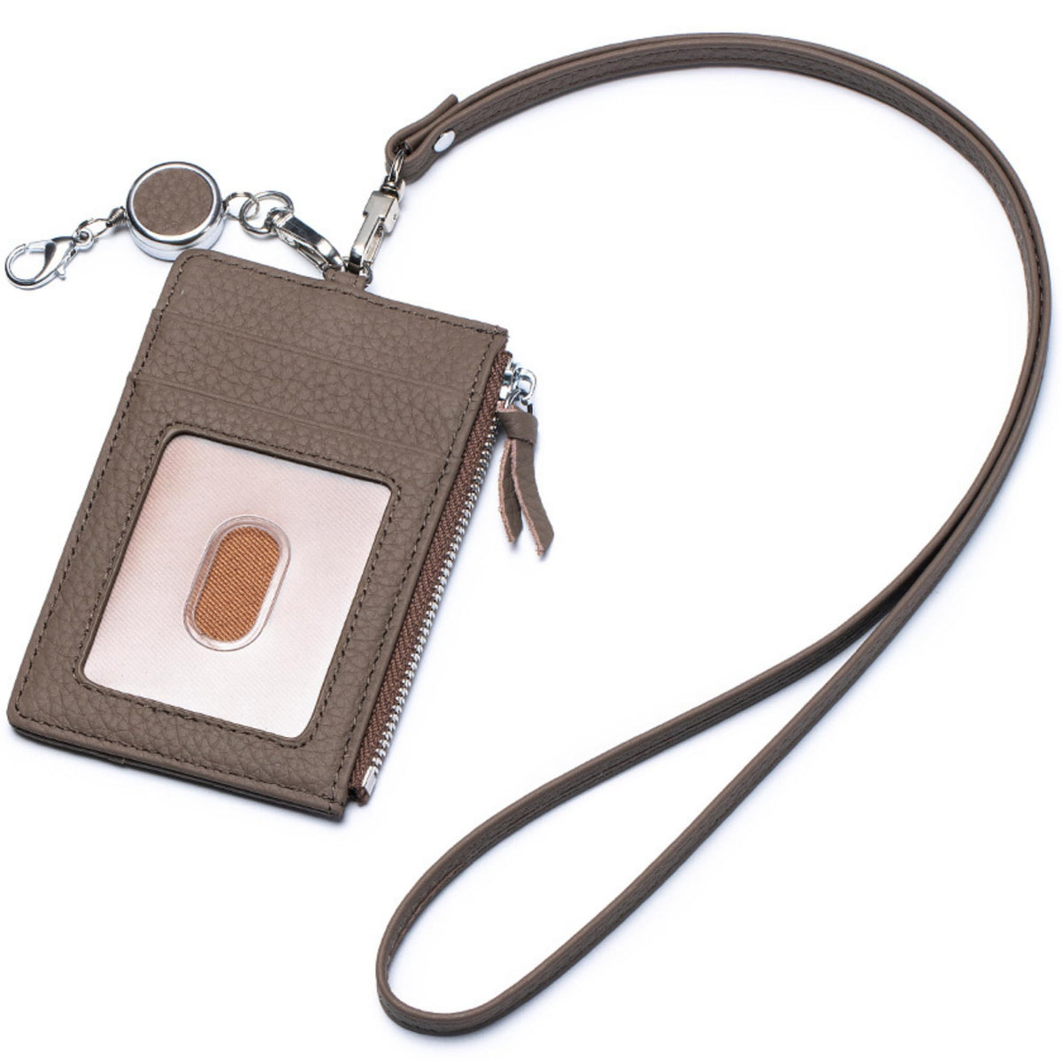 2-in-1 Leather ID Badge Holder with Wallet for Work, Multifunction ID Case with Credit Card Slots & Cash Coin Pocket, Slim Wallet with Lanyard for Women Men Nurse Teacher (Dark Hkaki)