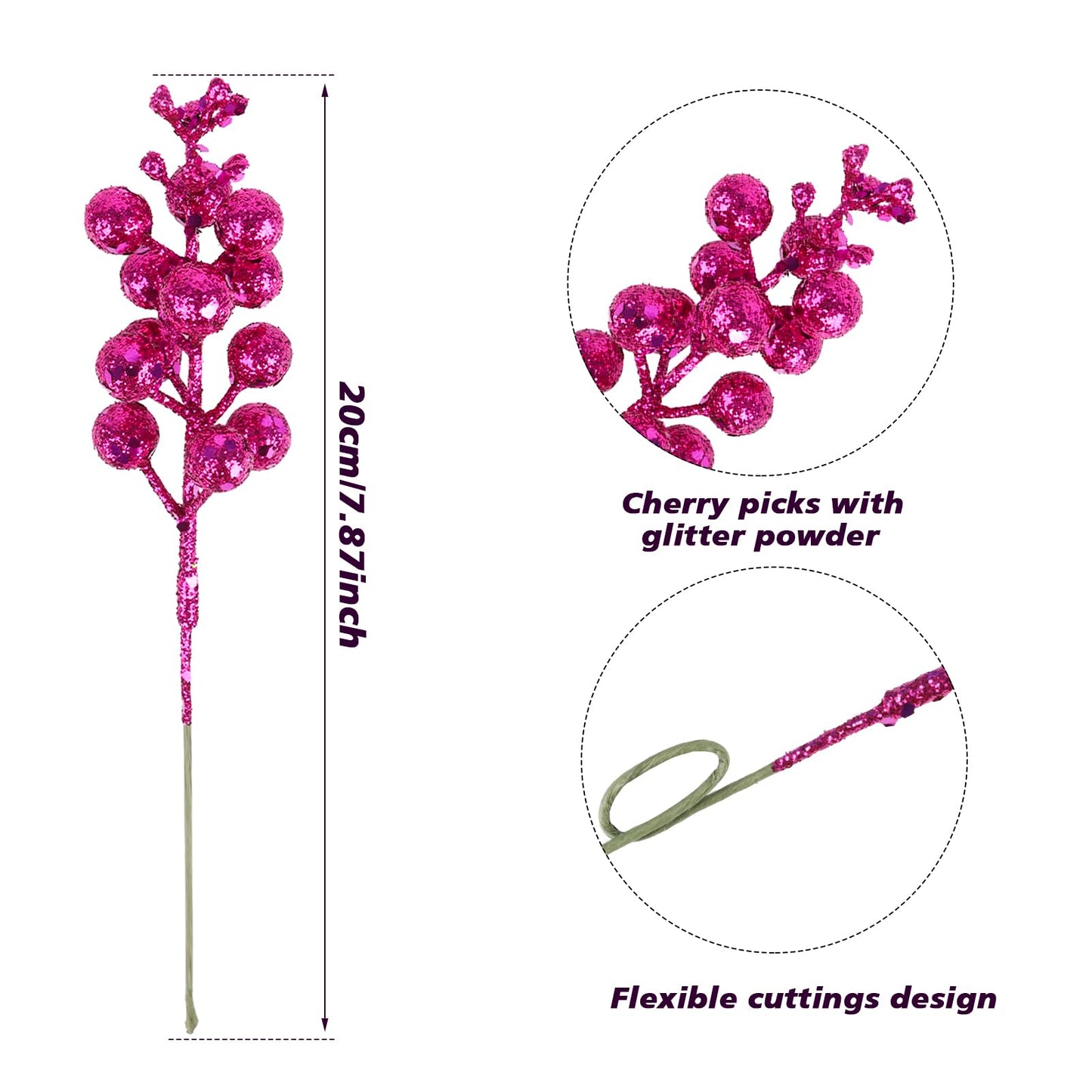 DIYASY Glitter Berry Stems for Christmas Tree Ornaments,20Pcs Red Violet Picks and Sprays Artificial Branches Xmas Tree Filler Holiday Wreath Garland Decorations Home Décor 7.8 Inch