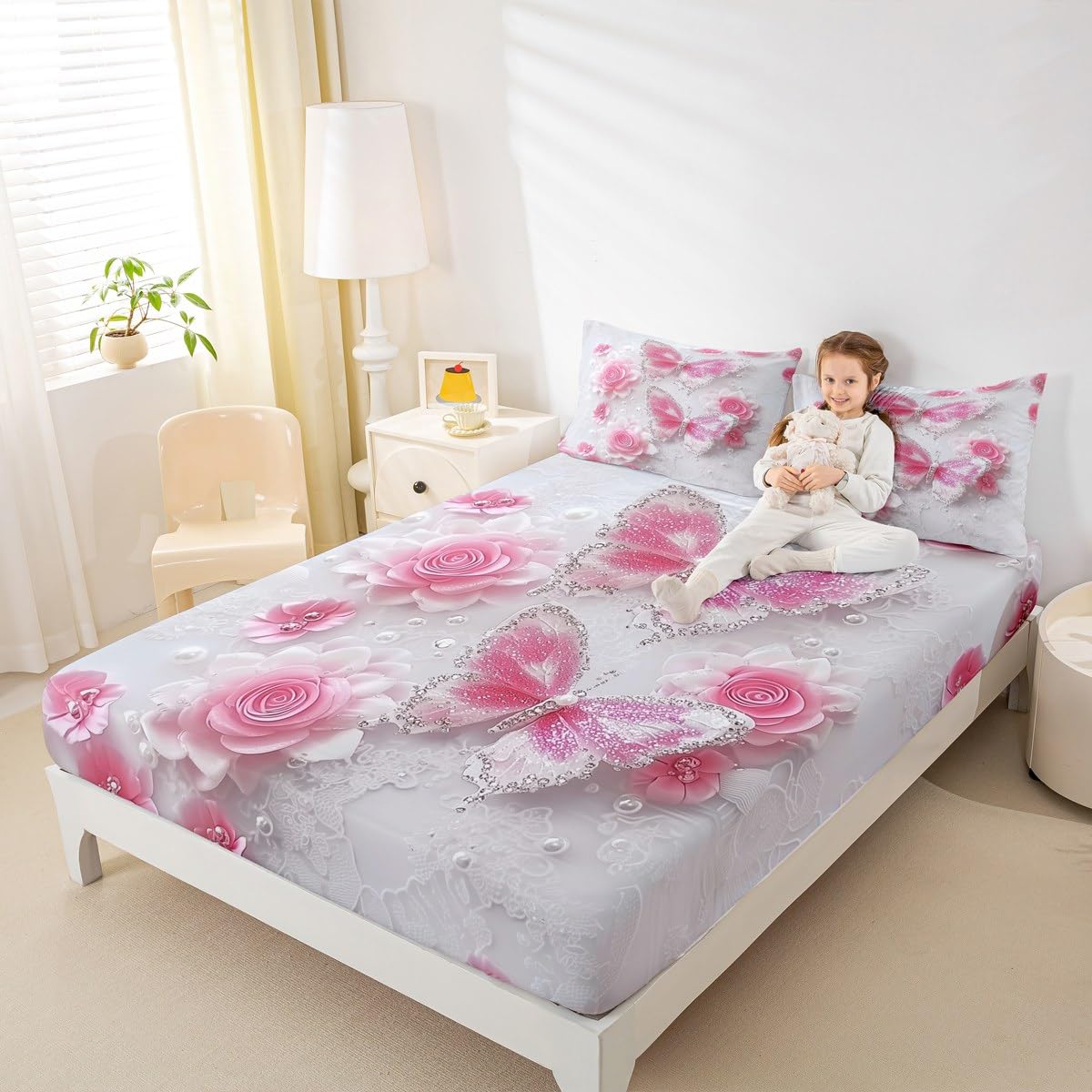 jejeloiu Kids Butterfly Fitted Sheet Twin Size for Kids Boys Girls Butterflies Print Bed Sheets Set 16" Deep Pocket Soft Breathable Microfiber Rose Bedding with 1 Pillowcase Garden Flower Room Decor