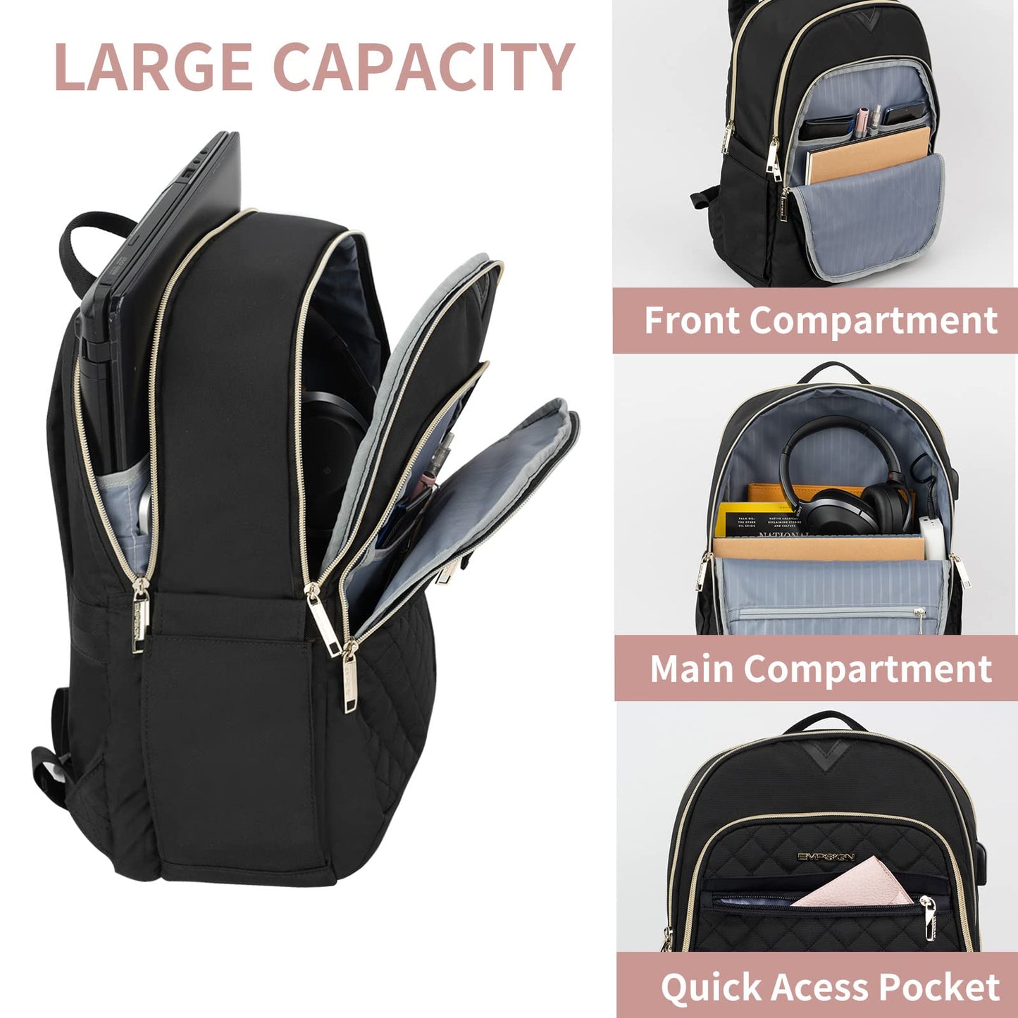 EMPSIGN Laptop Backpack for Women, 15.6 Inch Laptop Rucksack Casual Daypack Wide Open, College School Backpack with USB Charging Port, Water Repellent Travel Business Work Bag Computer Bookbag, Black