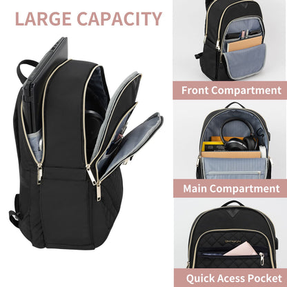 EMPSIGN Laptop Backpack for Women, 15.6 Inch Laptop Rucksack Casual Daypack Wide Open, College School Backpack with USB Charging Port, Water Repellent Travel Business Work Bag Computer Bookbag, Black