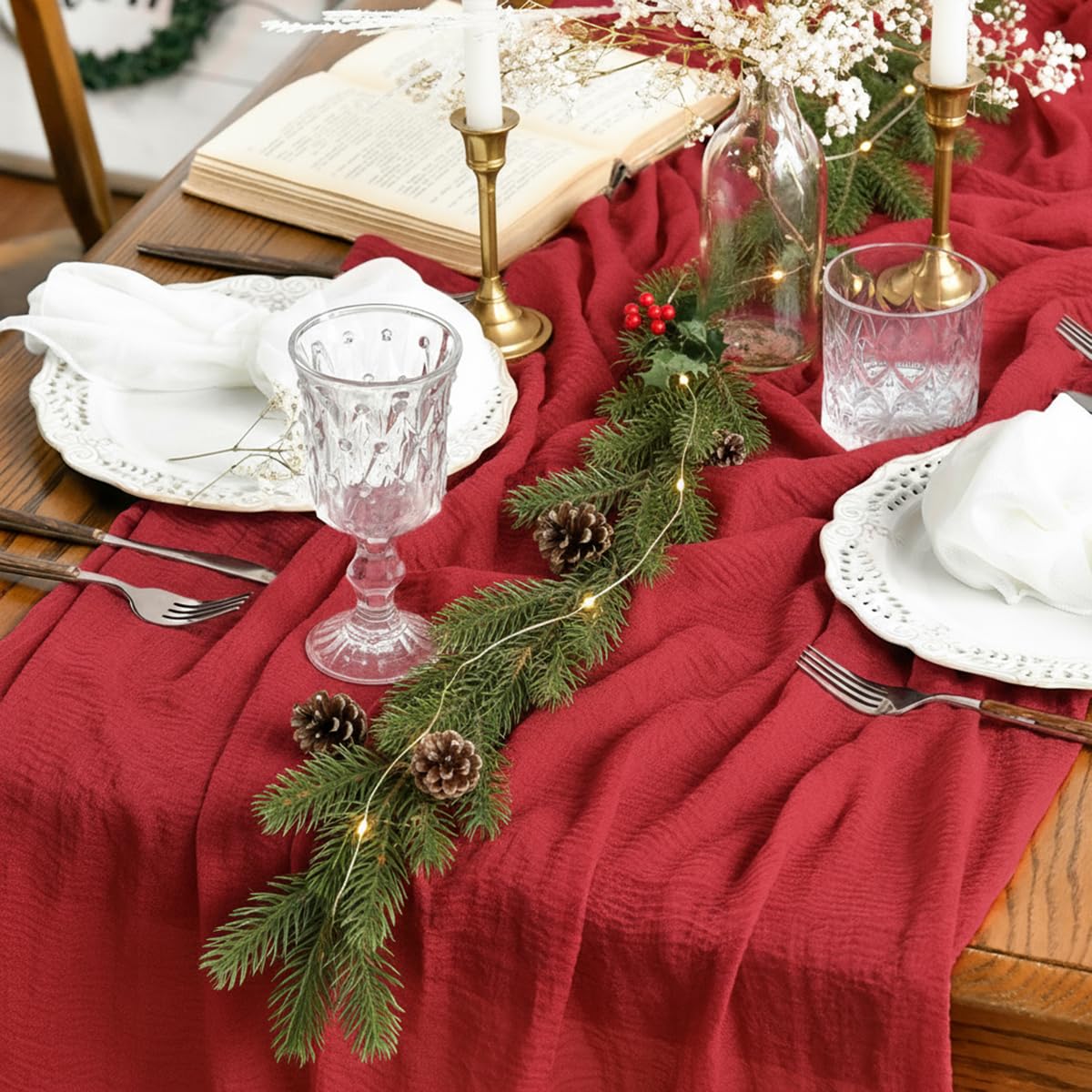 Artoid Mode Boho Cheesecloth Gauze Red Wedding Table Runner, 120 Inch Seasonal Christmas Fabric Kitchen Dining Holiday Table Decor for Home Party Indoor