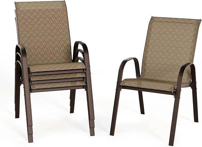 SWITTE Patio Chairs Set of 4 with Armrests, Outdoor Stackable Dining Chairs with Breathable Backrest and Metal Frame for Lawn, Garden, Deck, Poolside, Beige