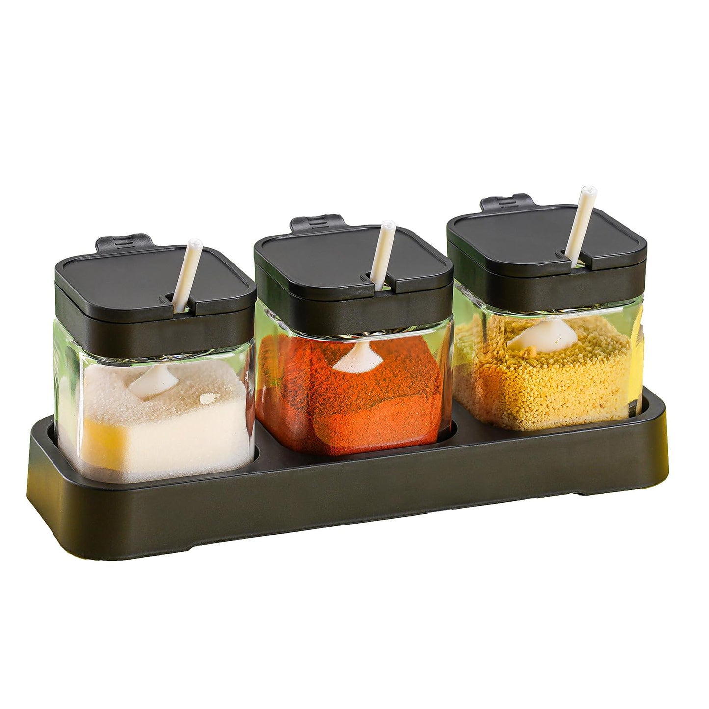 WANYISHUN Condiment Jar Spice Container with Lids and Spoons, Kitchen Spice Pot Set of 3, 11oz Clear Glass Condiment Pot with Tray, Kitchen Salt Pepper Sugar Storage Container Jar (black, 300ml)