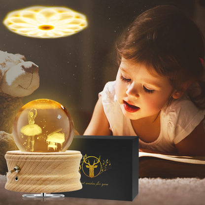 Hwawhin 3D Crystal Ball Music Box with Projection LED Light and Rotating Wooden Base for Christmas, Birthday, Valentine's Day - Music Boxes for Women, Mums and Girls