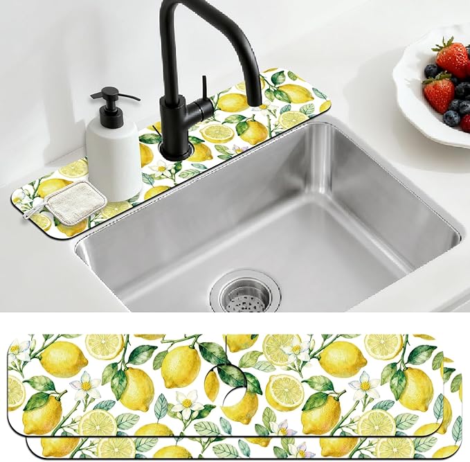 2 Pcs Kitchen Sink Splash Guard Faucet Mats Lemon Pattern Faucet Mat