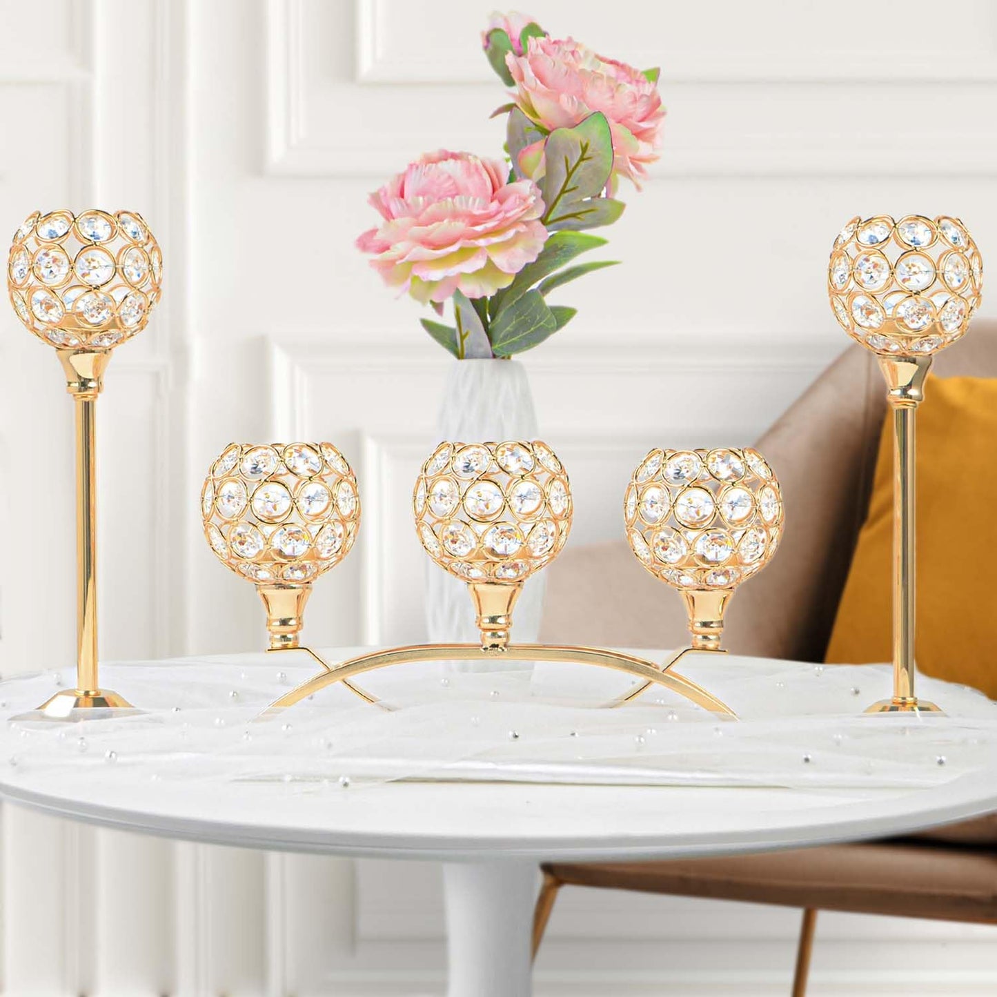 Crystal Tealight Candle Holder Centerpiece Home Decorative Candlestick Holder Elegant Table Centerpiece Home Decor Wedding Party Anniversary (Gold, Set of 3)
