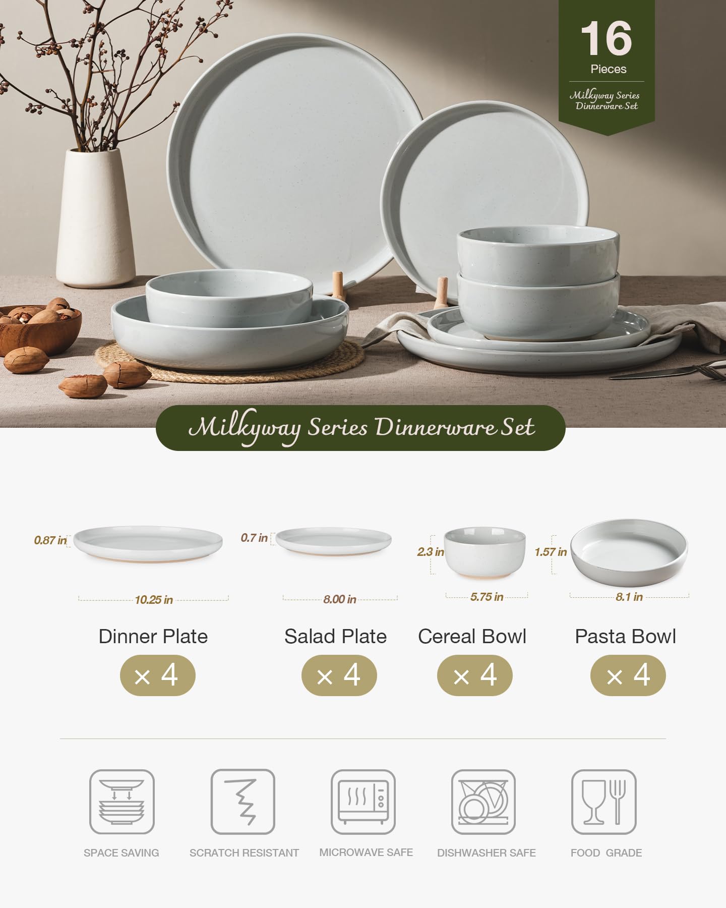 Famiware Milkyway Stoneware Dinnerware Sets with Pasta Bowls, Service for 4 (16 Pieces), Plates and Bowls Sets -Scratch Resistant, Microwave and Dishwasher Safe Dishes Set, Light Gray