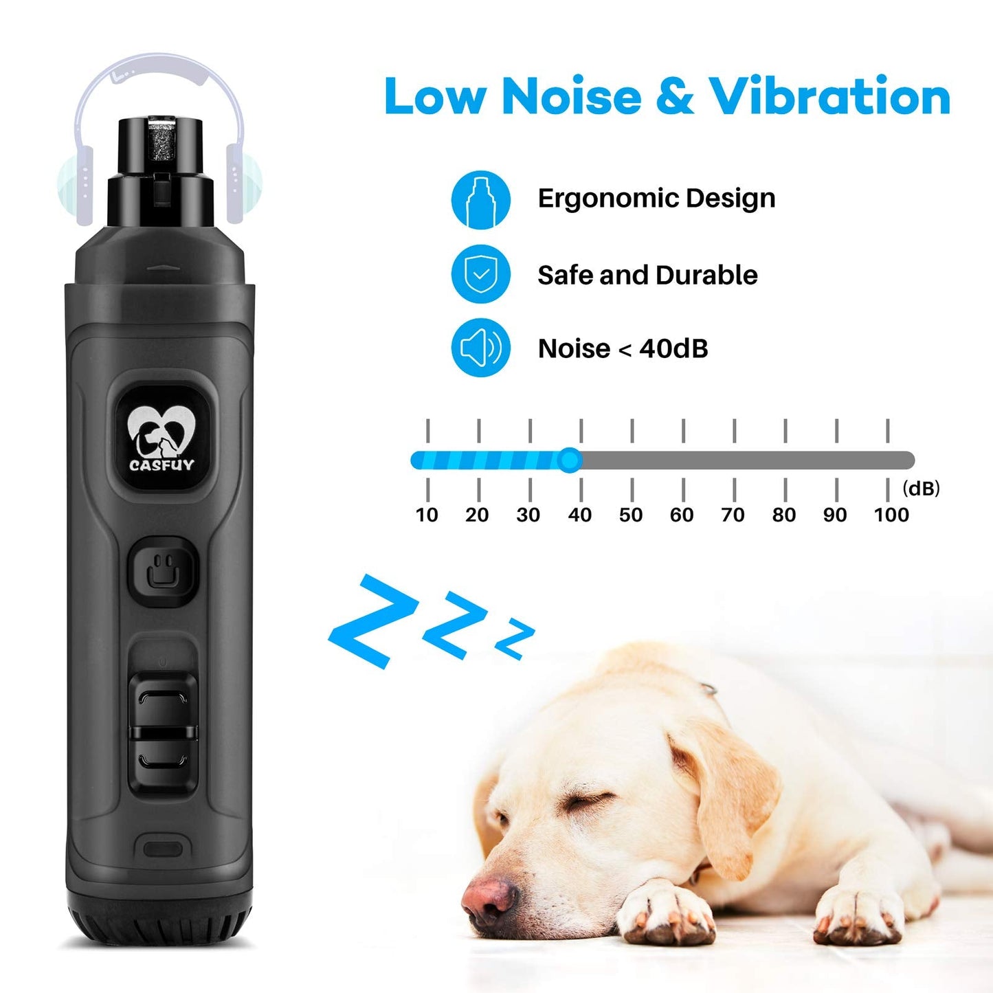 Casfuy Dog Nail Grinder with 2 LED Light - New Version 2-Speed Powerful Electric Pet Nail Trimmer Professional Quiet Painless Paws Grooming & Smoothing for Small Medium Large Dogs and Cats