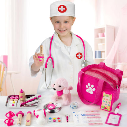 EFO SHM Doctors Set for Kids, Kids Pet Vet Care Playset with Real Stethoscope, Doctor Costume, Plush Dog and Syringe, Role Play Medical Toys for Girls Boys 3+ Year Old
