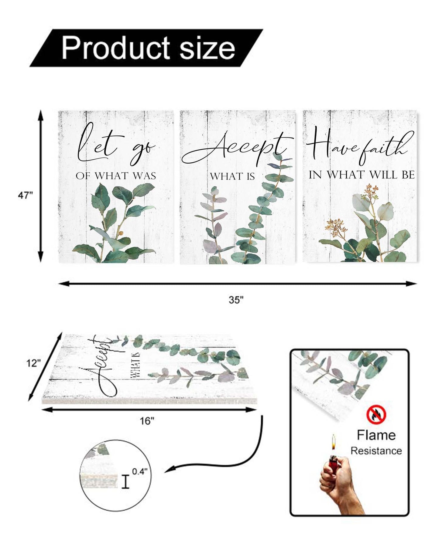 1 KINGO Inspirational Quotes Office Wall Art: Let Go Accept Have Faith 3 Piece Motivational Posters Boho Eucalyptus Picture Print Home Decor for Bedroom Bathroom 12x16