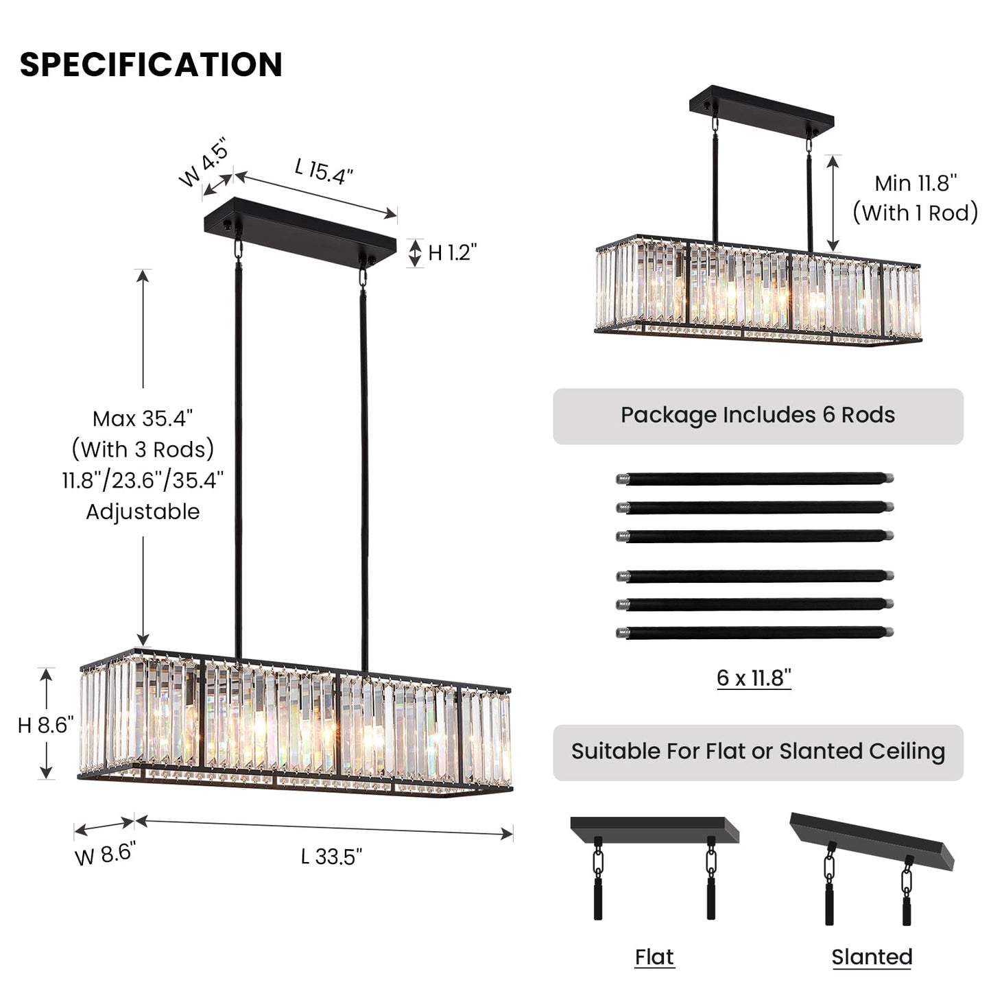 Siljoy Modern Rectangular Crystal Chandelier, 5 Lights Black Rectangle Raindrop Chandelier Lighting, Industrial Linear Pendant Ceiling Light Fixture for Dining Living Room Kitchen Island L33.5''