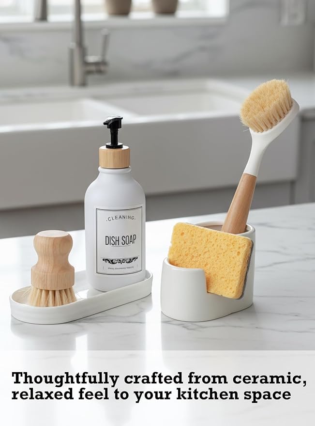 2-in-1 Ceramic Sponge Holder, Dish Sponge and Brush Holder