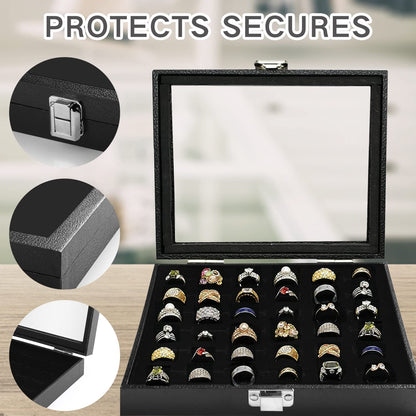 Ring Jewelry Organizer Box, 36 Slots Rings Display Storage Case Earring Showcase - Black Velvet Jewelry Stand Holder Tray with Transparent Glass Lid - Ideal Gift for Women Girl