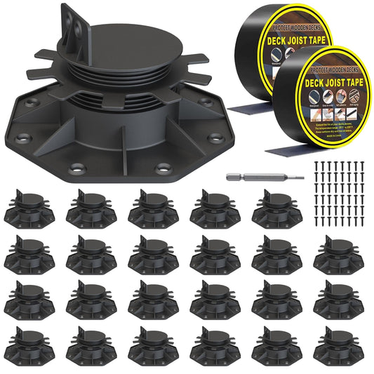 Deckit 24-Pack Adjustable Deck Support Pedestals, 1.18"–2.36" (30–60 mm), for 2×4 & 2×6 Joist Framing, Ground Support & Leveling for Patio, Shed Base & Floating Deck, Includes Joist Tape