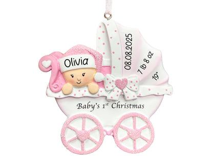 UniqXmas Personalized Baby's First Christmas Ornament 2025 | Baby Girl Carriage Xmas Tree Decoration Pink Stroller | My 1st Xmas Keepsake for New Baby Newborn Grandbaby - Custom Name & Year