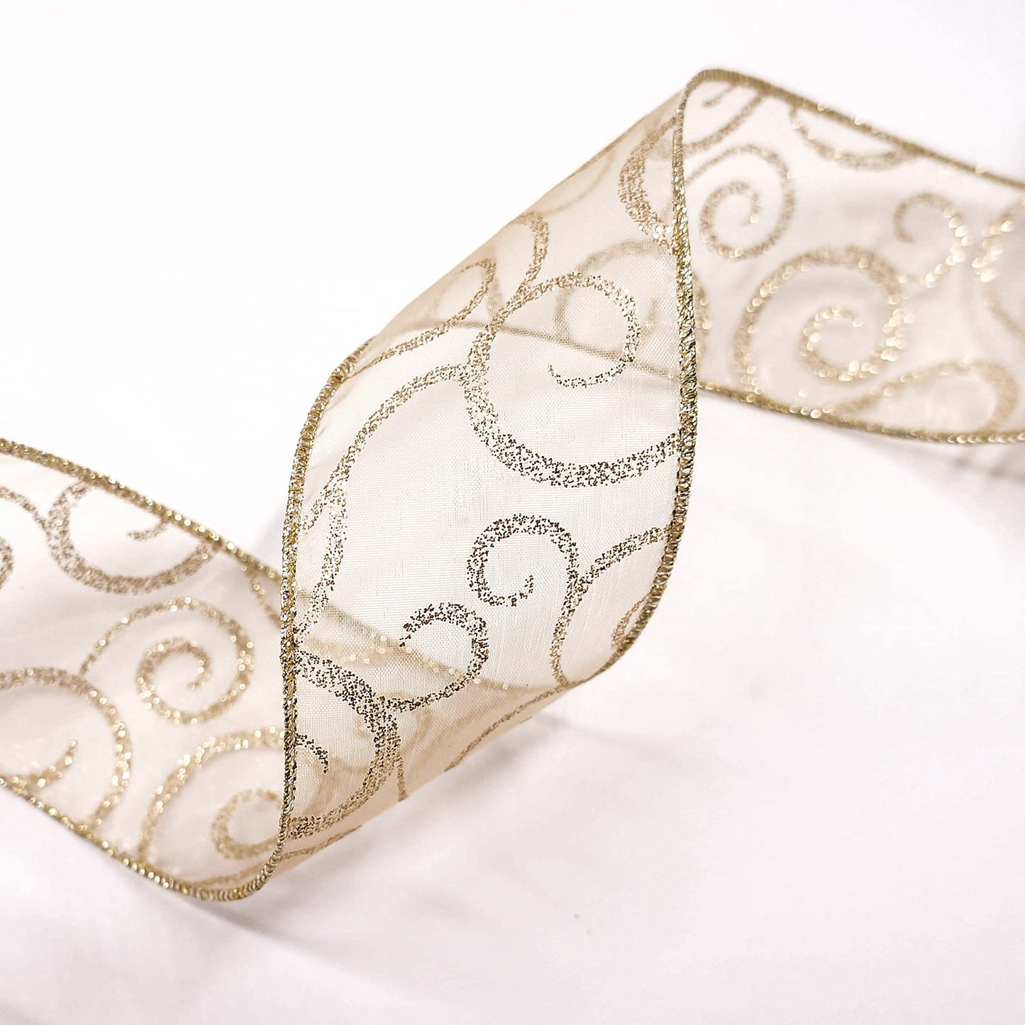 CT CRAFT LLC Organza with Champagne Gold Glitter Swirls Wired Ribbon 2.5 inch x 50 Yards for Christmas Home Decor Tree Topper Bow Gift Wrapping DIY Crafts Wreath Garland Wedding