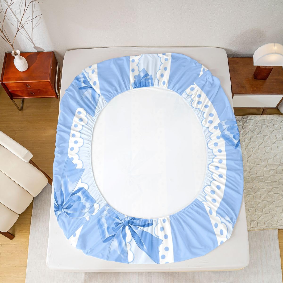 jejeloiu Blue Bow Stripe Bowknot Fitted Sheet Twin Size for Kids Boys Girls Ribbon Cute Kawaii Bed Sheets Set 16" Deep Pocket Dreamy Princess Bowknot Bedding with 1 Pillowcase Room Decor