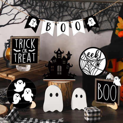 Umigy 15 Pcs Halloween Tiered Tray Decor Set Cute Ghost Tray Decorations Boo Halloween Wooden Signs Farmhouse Rustic Decoration for Home Table Party Supplies(Ghost)