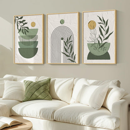 Framed Boho Sage Green Wall Art for Living Room, Large Mid Century Modern Tropical Leaf Canvas Artwork for Walls, 3 Piece Beige Orange Bohemian Wall Art Prints for Bedroom Kitchen Hallway, 16x24 Inch