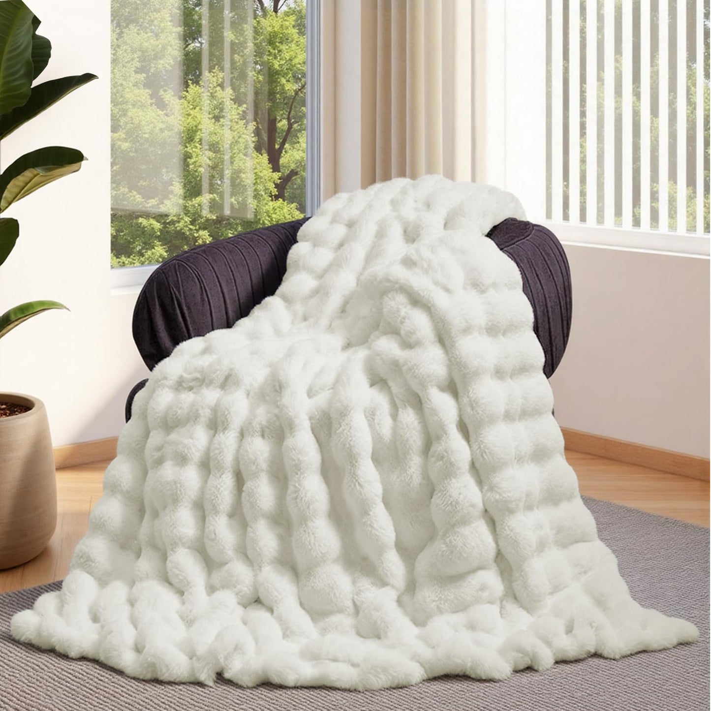 Lotus Karen Faux Fur Throw Blanket Cream White - Big Bubble Rabbit Fluff Blanket for Couch, Small Fluffy Fuzzy Cozy Blanket, Thick Furry Plush Shaggy Blankets, 50x60 Inches