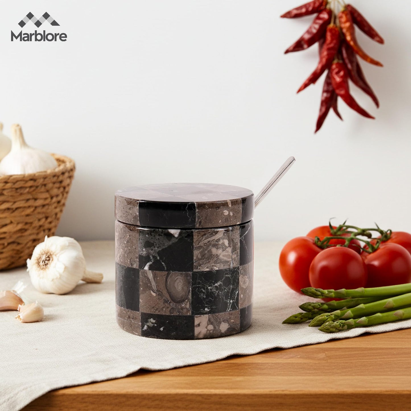 Marble Salt Cellars with Lid and Spoon 3" Black and Oceanic Stone Containers for Kitchen Countertop Storage, Ideal Use For Spice Jars, Sugar Bowl, and Easter Decorations Kitchen
