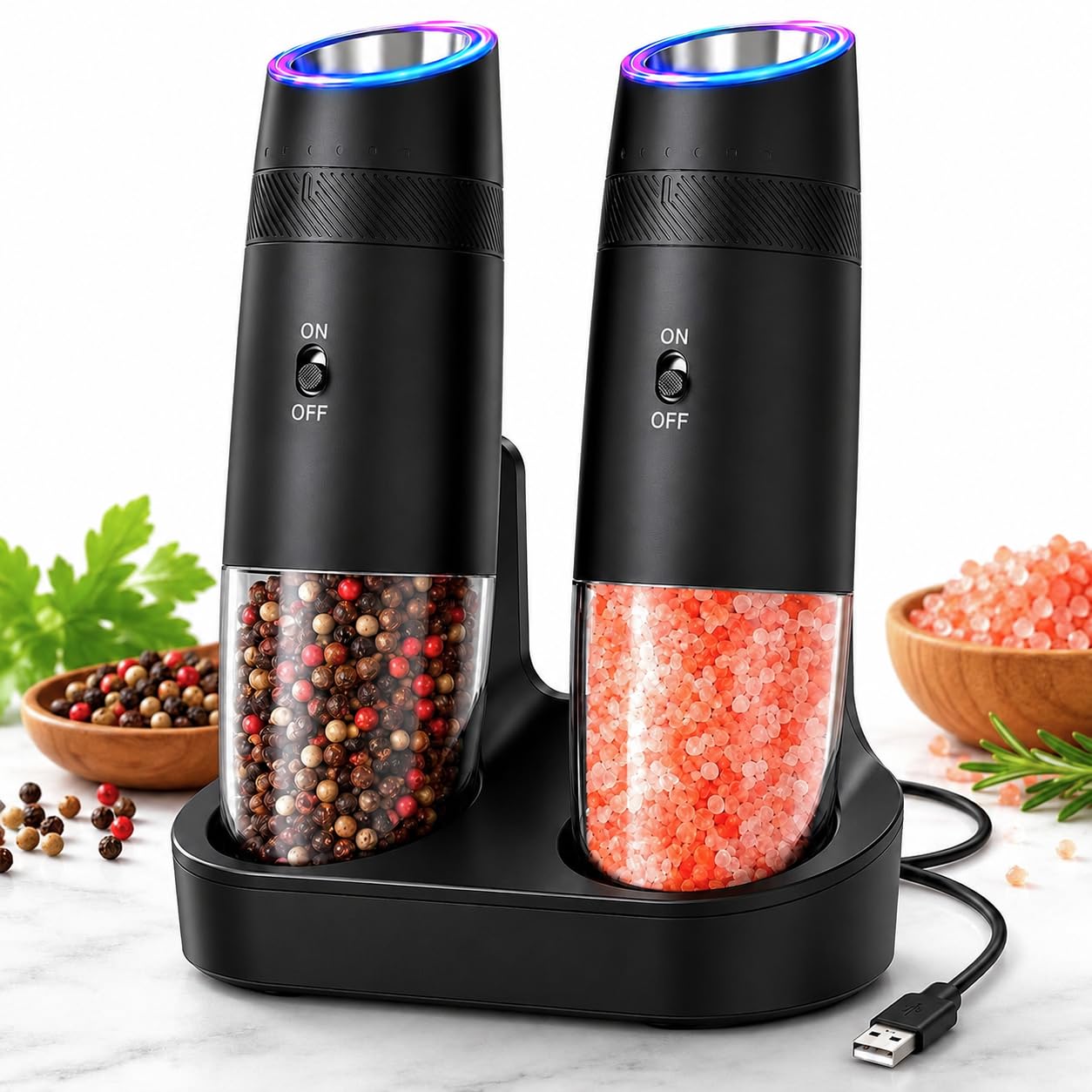 Electric Salt and Pepper Grinder Set 2 Pack, Rechargeable Automatic Gravity Grinder with USB Charging Base, One-Hand Operation, Adjustable Coarseness, LED Light, Black