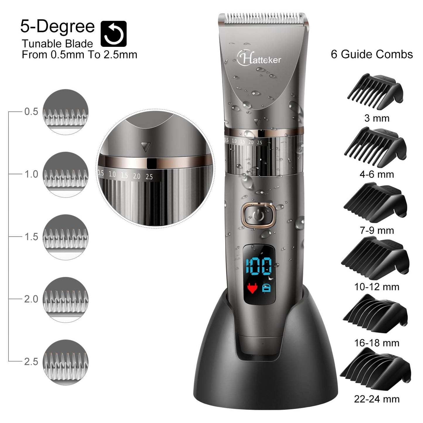 Hatteker Professional Hair Clipper Cordless Clippers Hair Trimmer Beard Trimmer Shaver Detail Trimmer Hair Cutting Kit for Men Waterproof