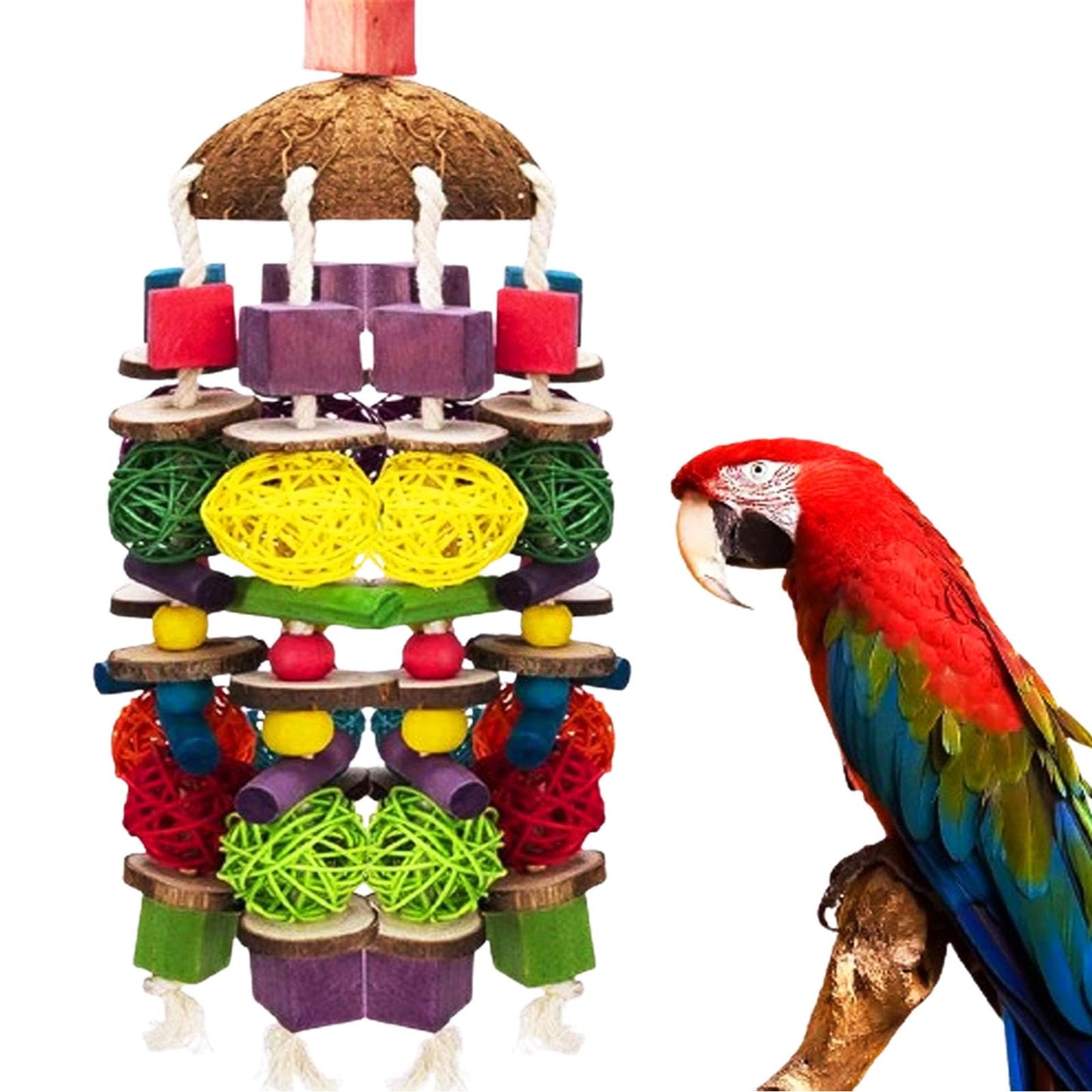 MQUPIN Large Parrot Toys 22 Inch Chewing Parrot Toy Upgraded,Parakeet Cage Bite Toys,Hanging Multicolored Natural Wooden Quaker Parrot Toys African Grey for Large Parrot (Colourful)