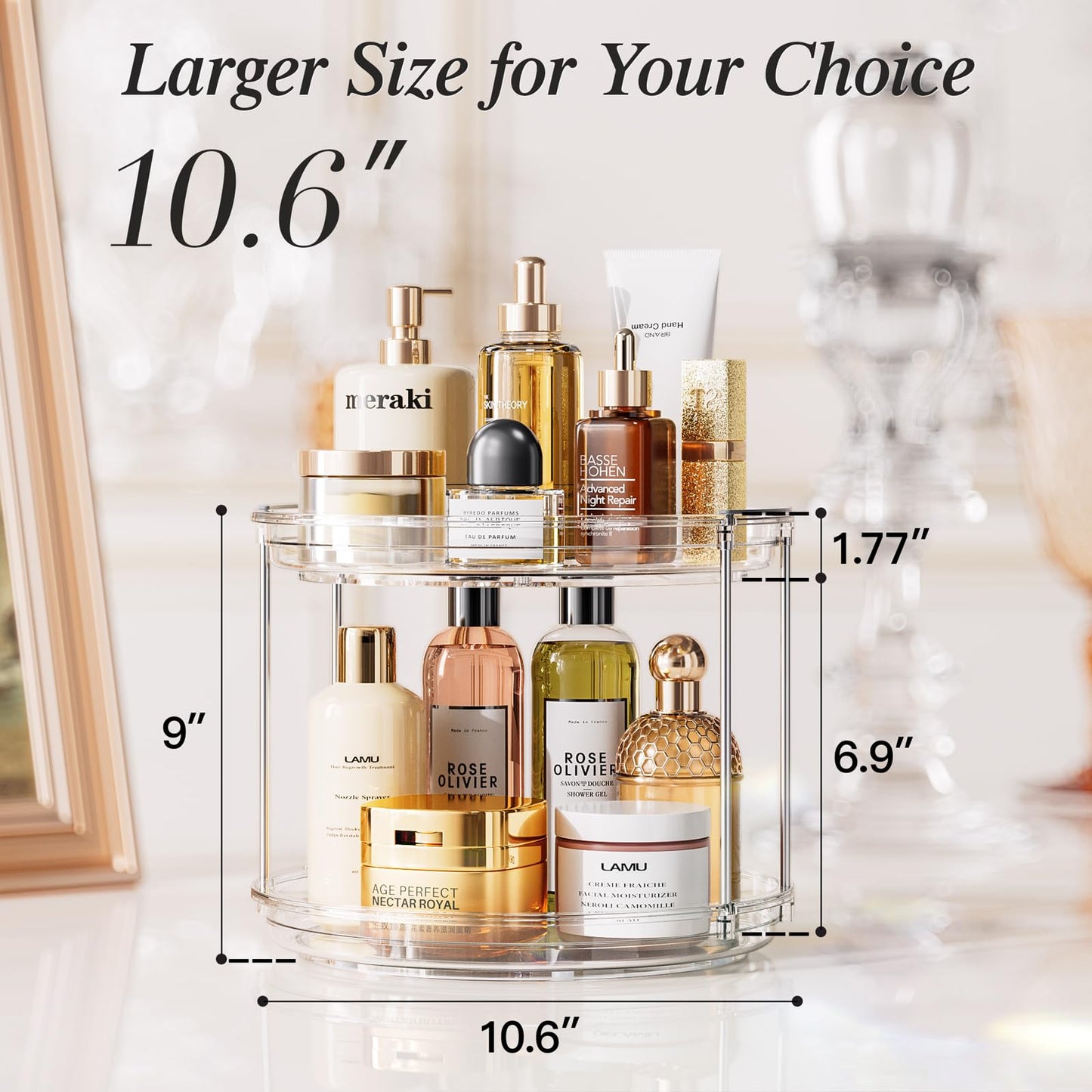 LAMU 2 Tier Lazy Susan Turntable Organizer 9.25'' Rotating Spice Rack Organization for Cabinet, Kitchen, Pantry, Countertop, Bathroom, Vanity, Medicine Cabinet Organizer, Clear