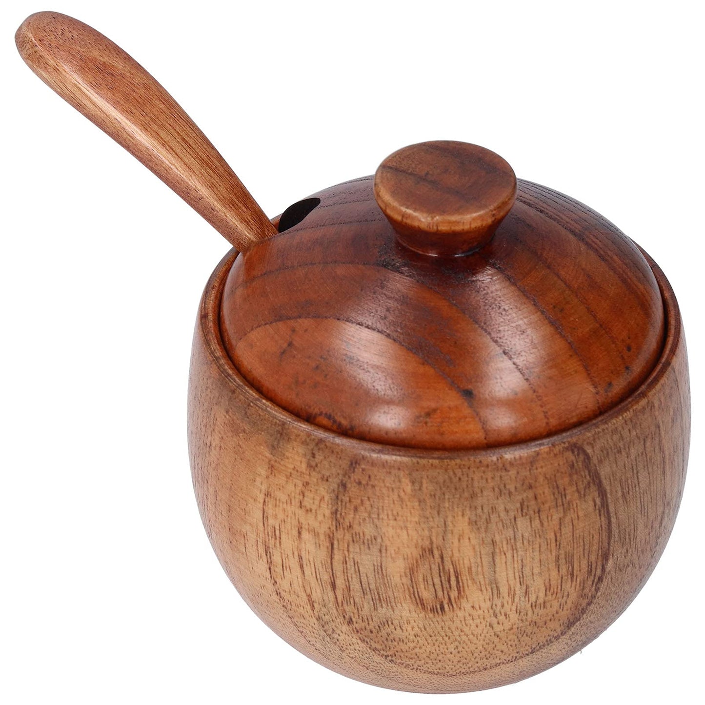 Tomotato Wood Spice Jar, Rustic Wooden Sugar Bowl with Lid and Spoon, Salt Cellar Pepper Condiment Pot Seasoning Jar Container Box for Home Kitchen Restaurant