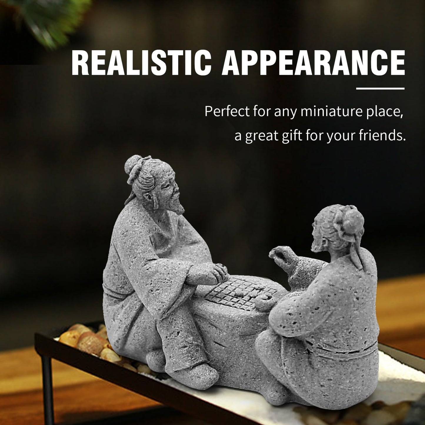 Hoypeyfiy 3Pcs Playing Chess Old Man Statue,Garden Figurines Set,Zen Garden Accessories,Outdoor Decor Sandstone for Bonsai,Micro Landscape Decoration,Garden,Patio,Yard,Lawn,Backyard