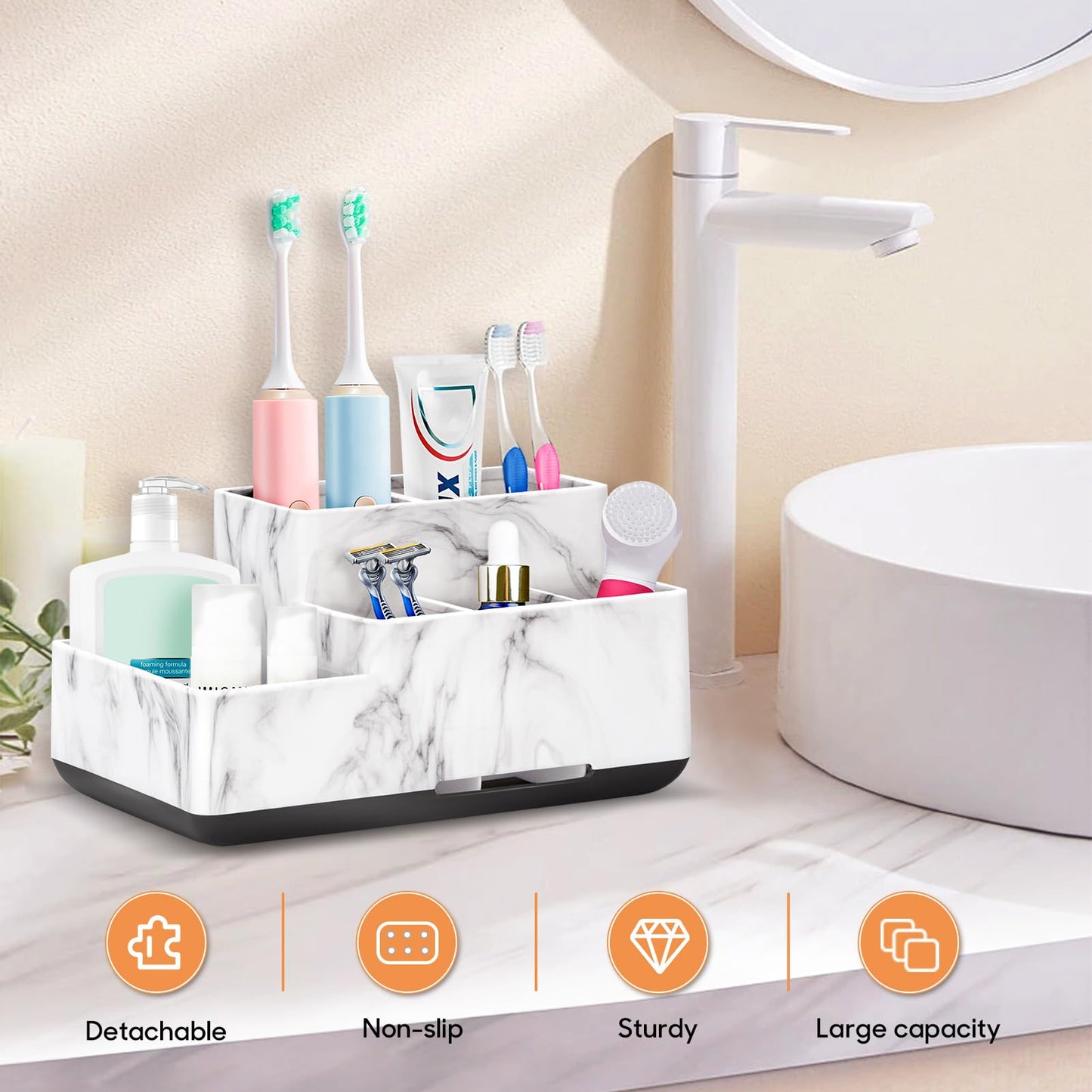 Detachable Toothbrush and Toothpaste Holder for Bathroom Countertop, Large Bathroom Organizer Storage Anti-Slip for Shower, Kitchen, Kids, Family, Multifunction Toothbrush Holders Marble Silver