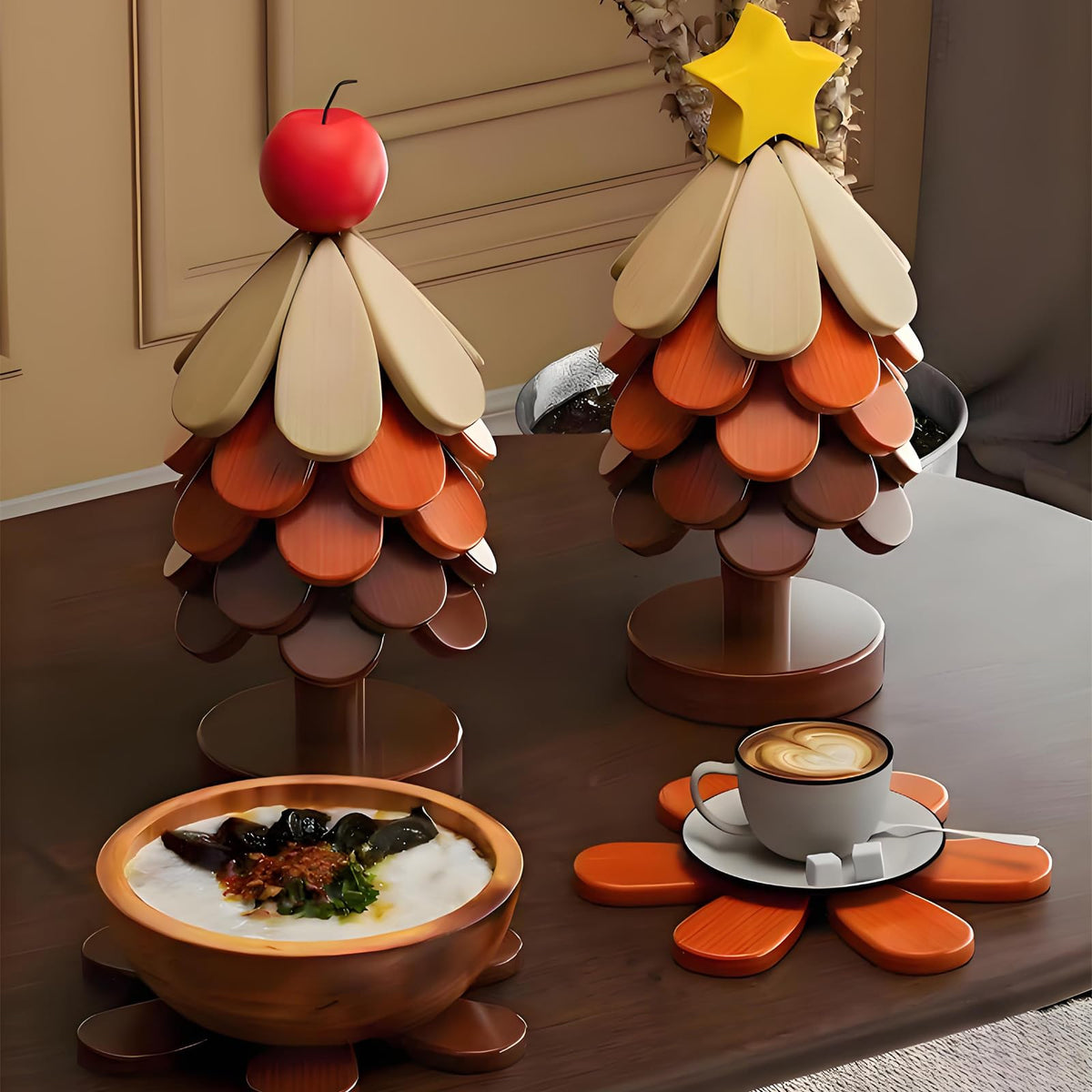 Table Decor Coaster, Tree Trivet Wooden Tree Coasters Christmas Tree Coasters Set of 5,Foldable Kitchen and Restaurant Wooden,for Hot Dishes、Pot、Bowl、Teapot、Hot Pot Holder (Star)