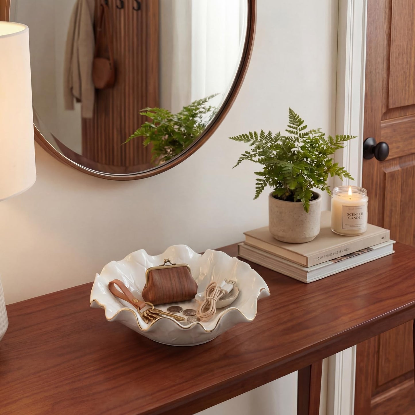 Ferrochef 2 Pack White Lotus Ceramic Decorative Bowls 7.48 x 2.56 Inch Ruffle Lotus Leaf Scalloped Bowl with Gold Trim for Coffee Table Counter Keys Coins Catchall